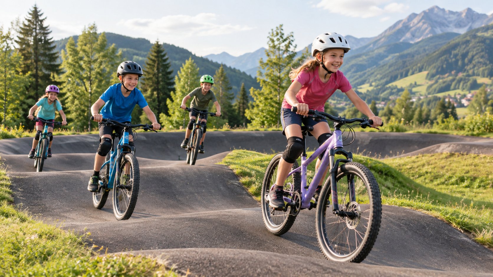 Kinder mit Fahrradhelmen auf einem Pumptrack – KI-generiertes Symbolbild