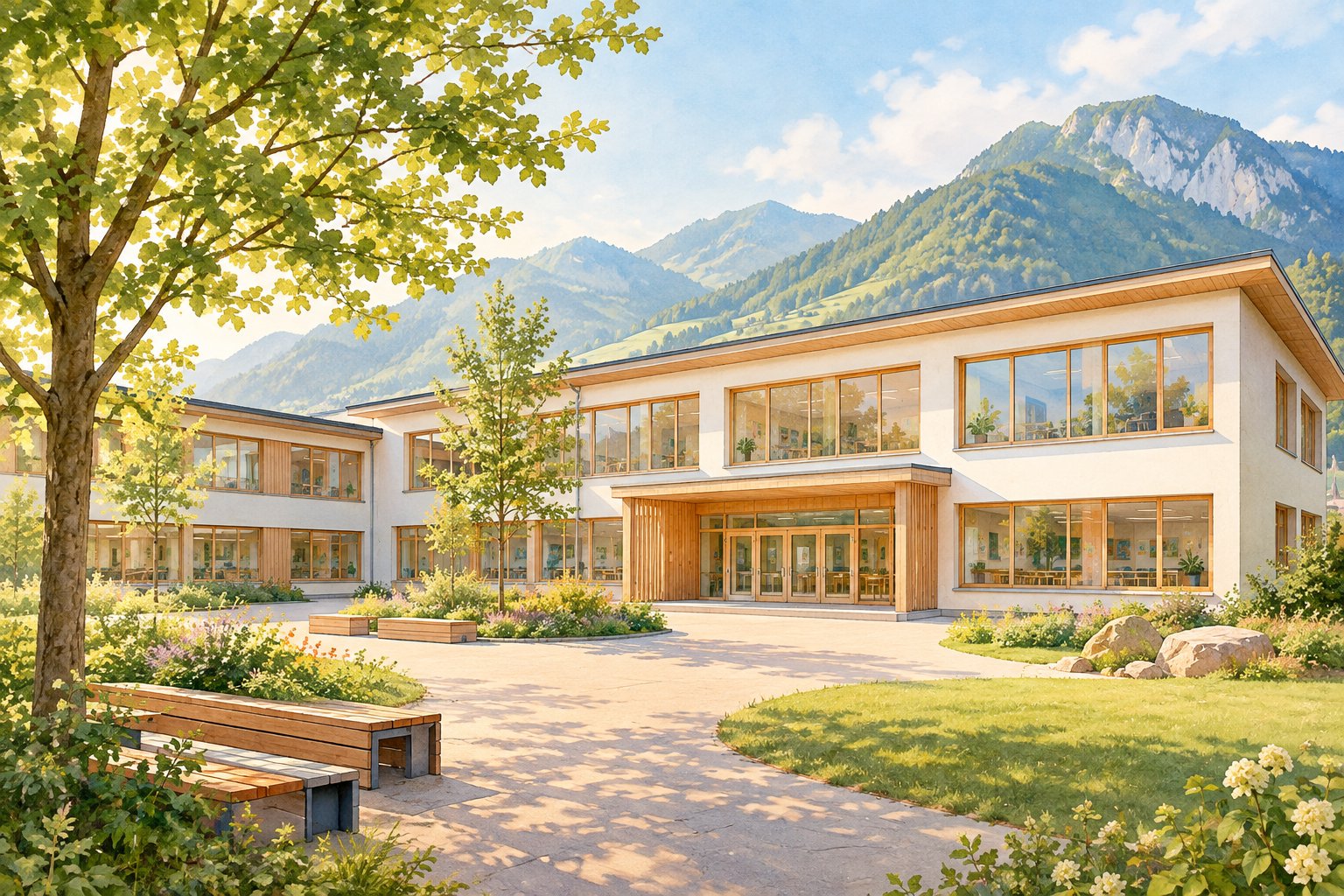 KI-generierte Illustration einer Volksschule mit begrüntem Schulhof vor einer Berglandschaft